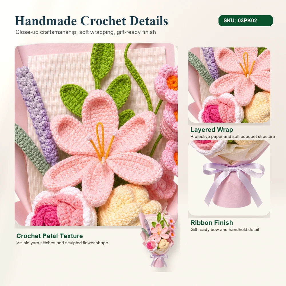 Handmade Crochet Flower Bouquet Pink Lily Rose Gift for Mom Birthday Decor