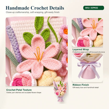 Handmade Crochet Flower Bouquet Pink Lily Rose Gift for Mom Birthday Decor