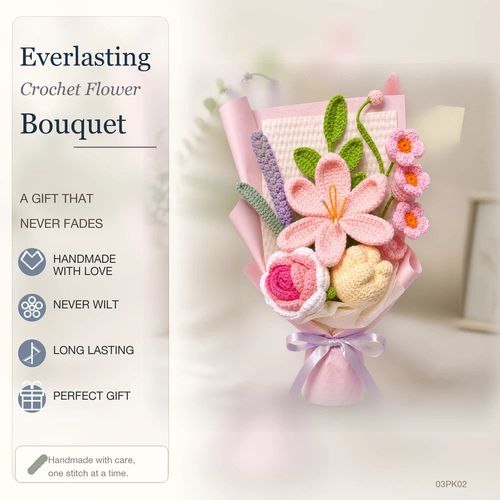 Handmade Crochet Flower Bouquet Pink Lily Rose Gift for Mom Birthday Decor