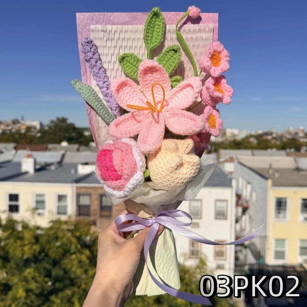 Handmade Crochet Flower Bouquet Pink Lily Rose Gift for Mom Birthday Decor