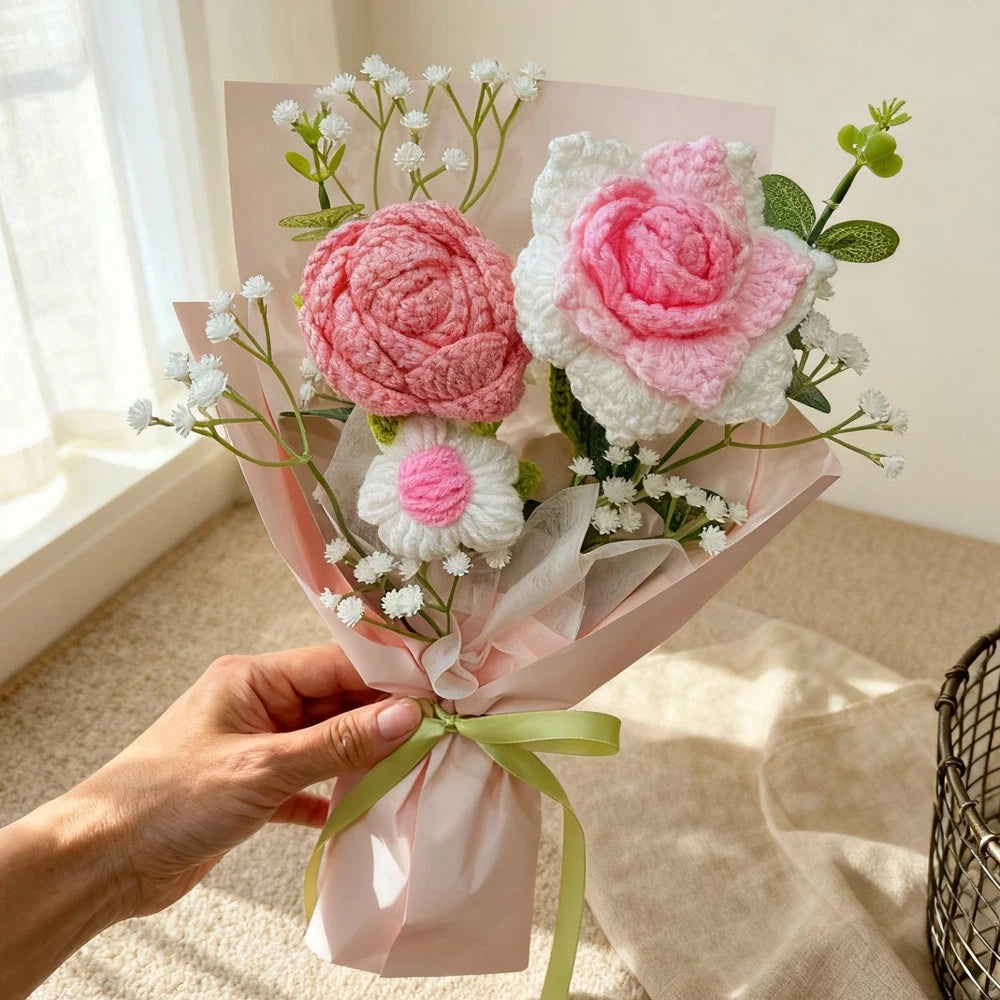 Crochet Carnation Rose Bouquet Handmade Mother's Day Mom Keepsake Flowers Gift